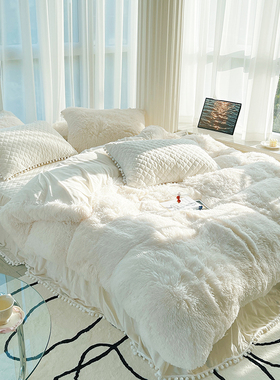 ins白色加厚被套珊瑚绒床上四件套水貂绒双面毛绒夹棉床裙款4冬季
