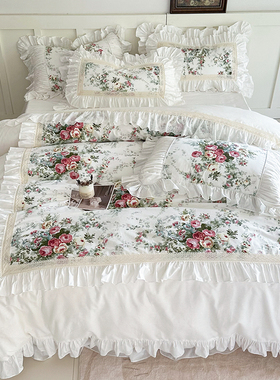 法式复古田园全棉床上四件套公主风100纯棉荷叶边被套高档床裙款4