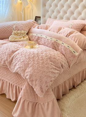 冬季加绒加厚牛奶绒床盖款四件套公主风兔兔绒被套珊瑚绒保暖床单