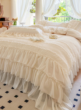 ins法式仙女纯棉四件套100全棉公主风蕾丝被套奶油白色床单床裙款
