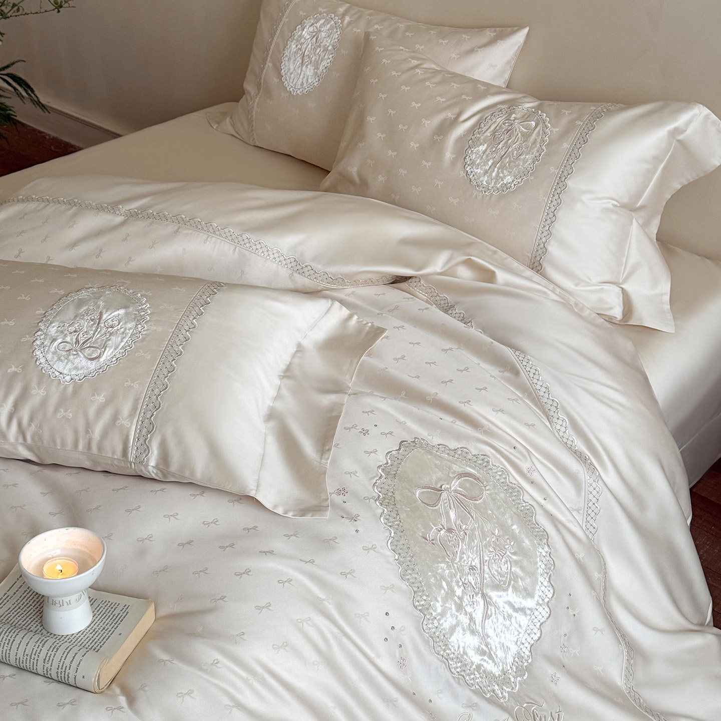 法式轻奢高端天丝棉四件套刺绣蝴蝶结蕾丝花边被套四季款床单床品