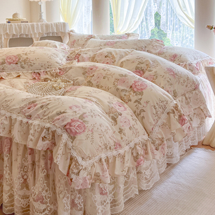 法式 夹棉床裙全棉四件套公主风碎花田园纯棉花边被套加厚床品