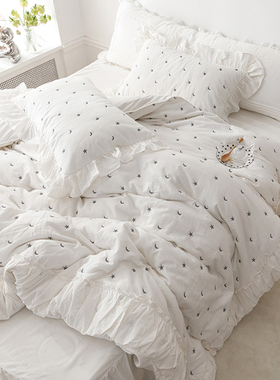 北欧网红白色夏凉被夹棉四件套全棉纯棉100水洗棉公主风裸睡床裙4