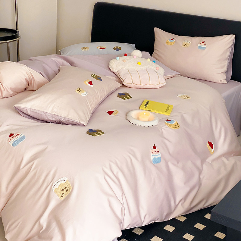 ins少女粉色卡通100支全棉长绒棉四件套可爱贡缎纯棉床笠床单床品