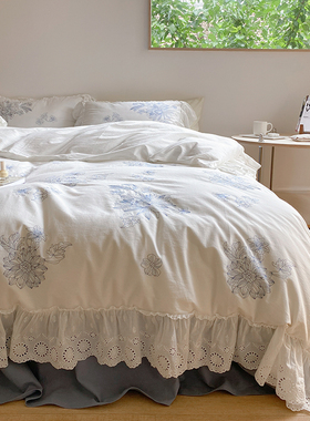 法式白色仙女轻奢蕾丝公主风四件套100全棉纯棉被套水洗棉床裙ins