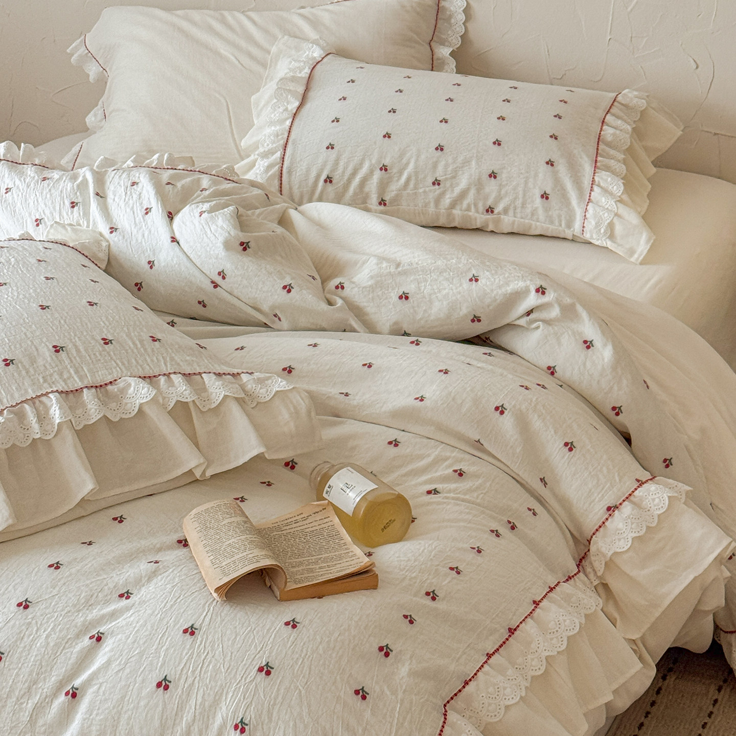 法式少女樱桃全棉纯棉四件套刺绣韩式花边被套四季款高端白色床品