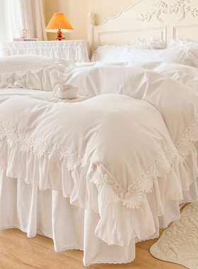 ins法式轻奢白色100全棉床上四件套公主风纯棉蕾丝被套仙女床裙款