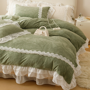 法式 夹棉提花牛奶绒四件套公主风珊瑚绒蕾丝被套加厚加绒床裙冬季