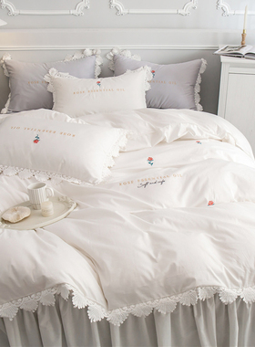 夏季白色仙女刺绣纯棉100全棉床上四件套公主风被套蕾丝边床裙款4