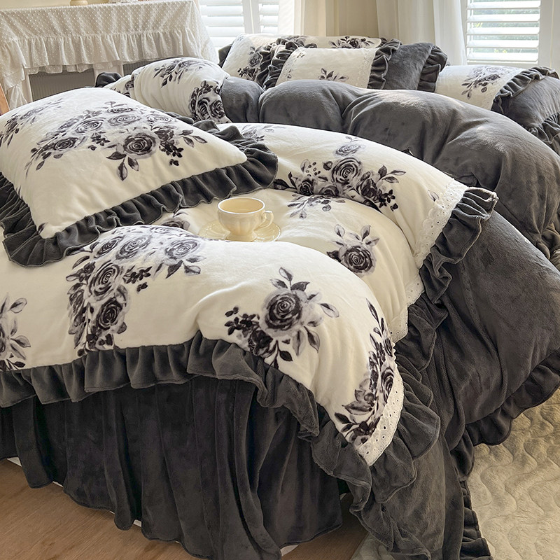 法式复古加绒加厚公主风牛奶绒四件套花边被套毛绒珊瑚绒床裙冬季