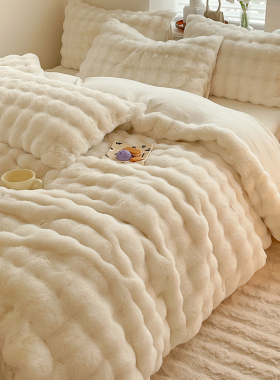 ins冬季兔兔绒加绒床上四件套公主风双面毛绒被套牛奶珊瑚绒床单4