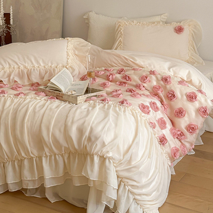 法式 浪漫少女心全棉长绒棉四件套公主风立体玫瑰蕾丝纯棉被套床裙