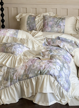 法式公主风100S天丝棉磨毛四件套油画花卉荷叶边被套浪漫田园床单