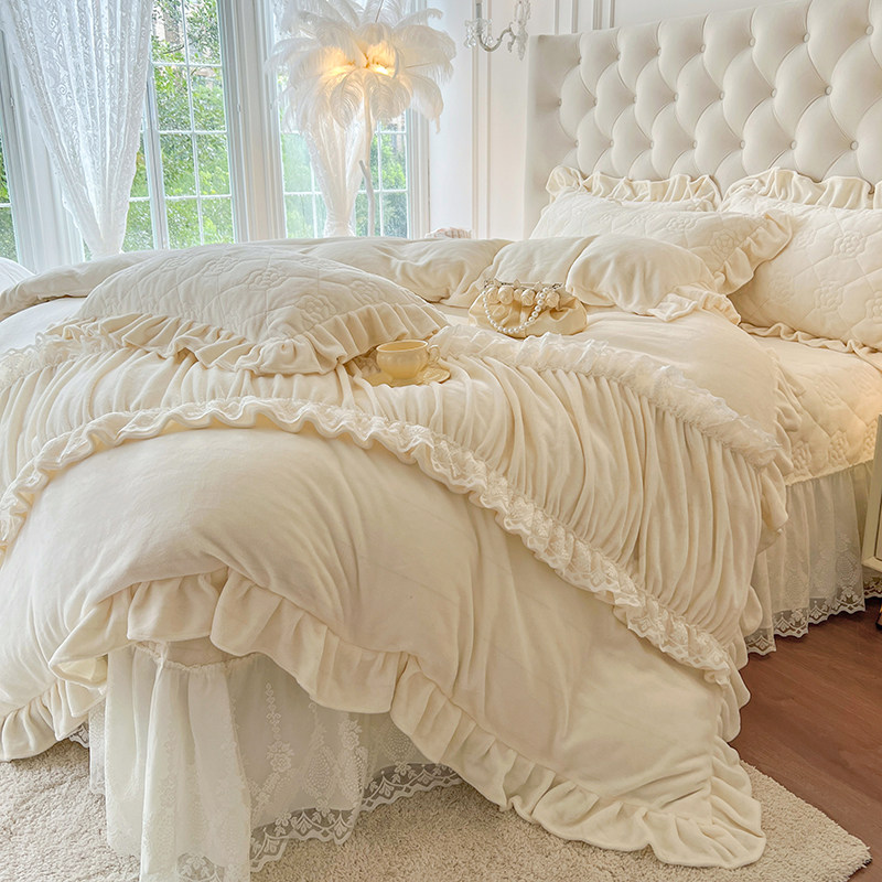 法式加绒夹棉床盖款牛奶绒四件套公主风蕾丝被套双面绒加厚珊瑚绒