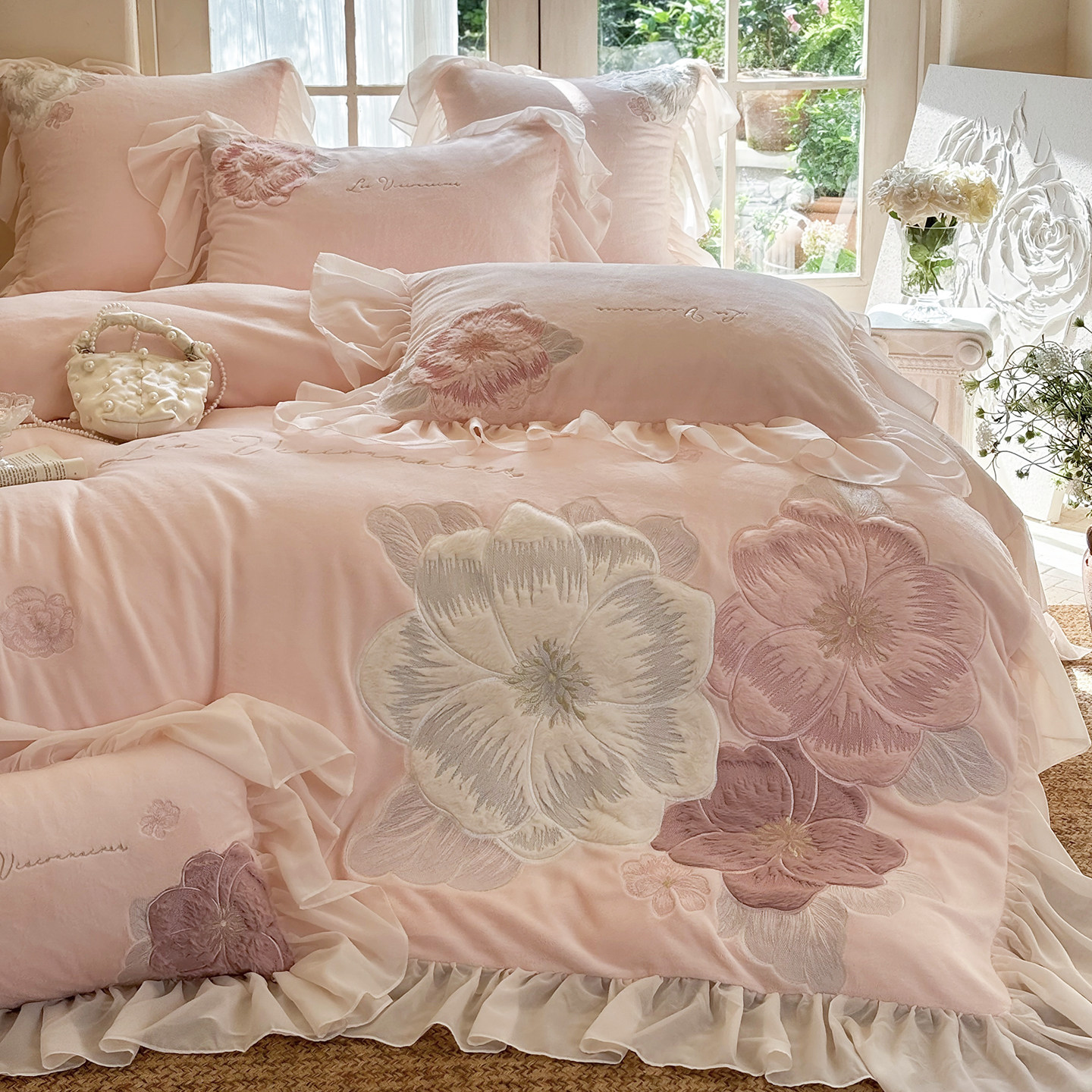 法式少女心花卉牛奶绒四件套刺绣蕾丝花边被套粉色床单公主风床品