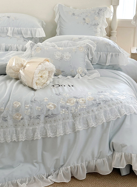 法式田园绣花140支长绒棉全棉四件套公主风纯棉蕾丝花边被套床单4