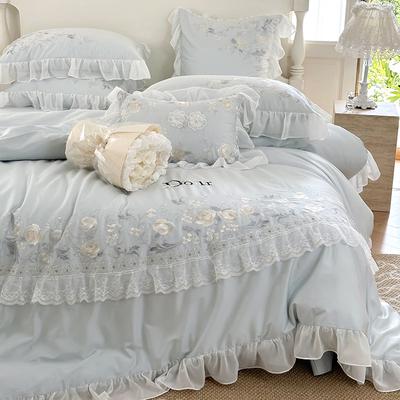 法式田园绣花140支长绒棉全棉四件套公主风纯棉蕾丝花边被套床单4