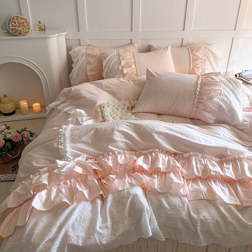 法式少女心100全棉水洗棉四件套公主风蕾丝蝴蝶结被套纯棉床裙款4