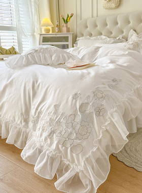 ins北欧轻奢白色全棉100床上四件套纯棉公主风被套仙女床裙款网红