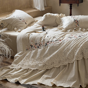 法式 田园柔软棉麻四件套花卉刺绣花边亚麻被套罩公主风少女心床品