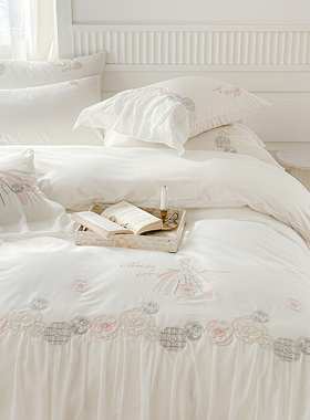 法式高档白色100全棉床上四件套纯棉公主风蕾丝刺绣被套床裙款ins