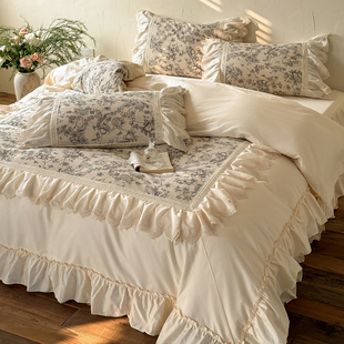 法式 全棉四件套纯棉蕾丝花边公主风被套高级感床品 复古花卉床裙款