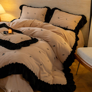 法式冬季复古玫瑰加厚牛奶绒四件套珊瑚绒床单刺绣被套公主风床品