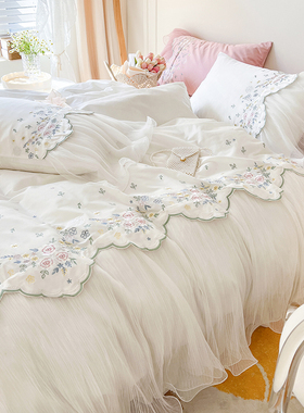 北欧轻奢高档60支纯棉贡缎白色四件套100全棉公主风蕾丝被套床裙4