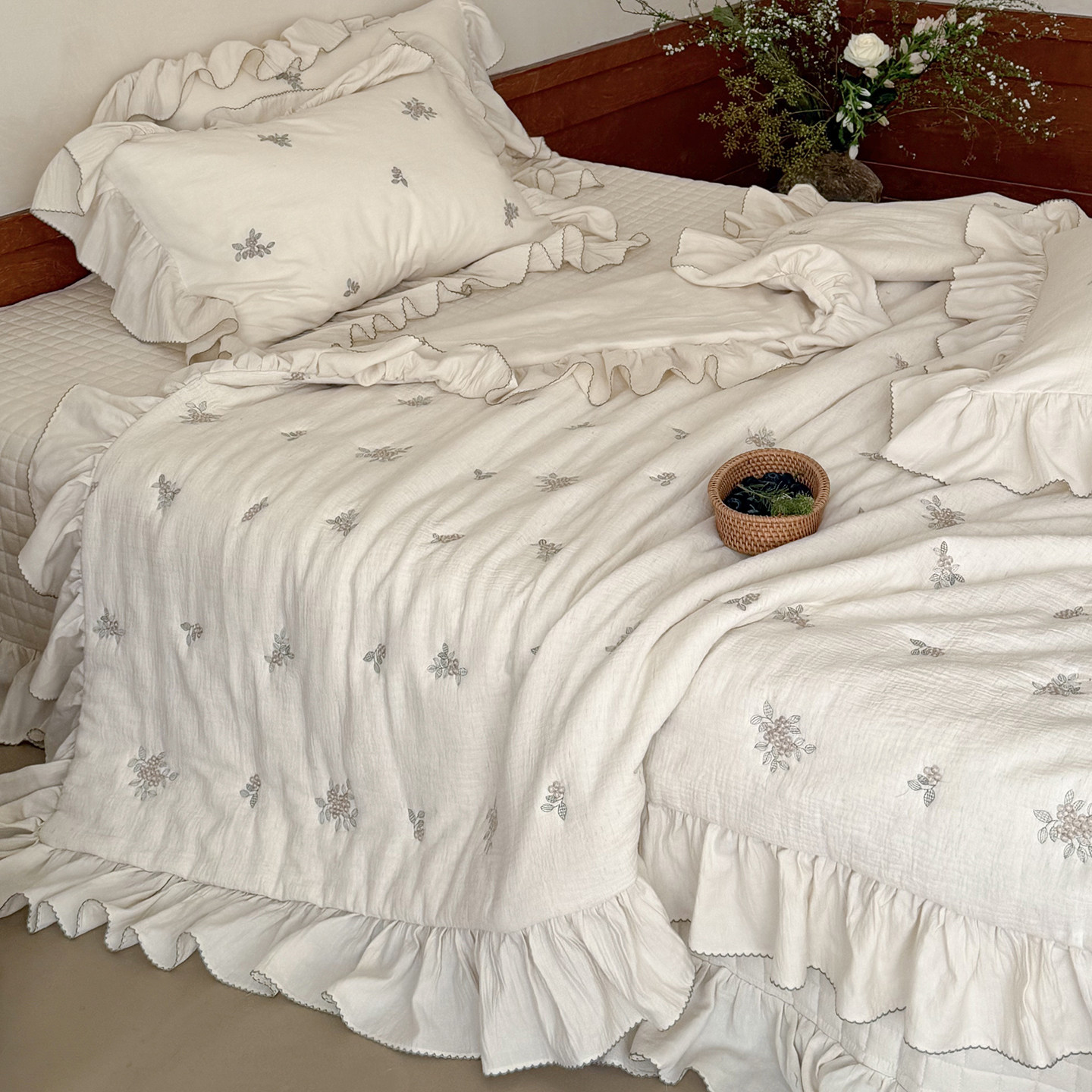 法式复古风田园花卉棉麻双层纱夏凉被子三四件套刺绣被套床盖床品