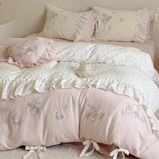 法式 少女纯棉双层纱四件套全棉花边刺绣被套裸睡床单卡通床上用品