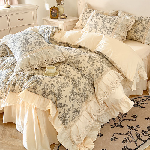 法式田园全棉四件套花边被套床裙