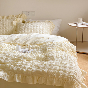 A类仙女奶油黄全棉床上四件套纯棉100公主风泡泡纱被套床单床裙款