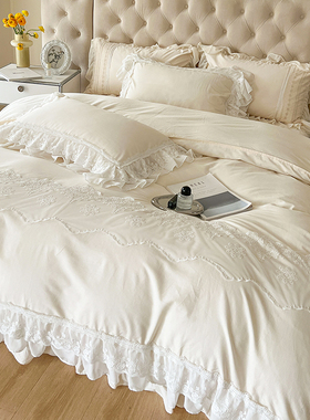 法式轻奢白色100全棉床上四件套公主风蕾丝花边被套纯棉裸睡床单4