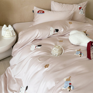 法式可爱卡通全棉长绒棉四件套纯棉小狗刺绣被套床单床笠公主床品
