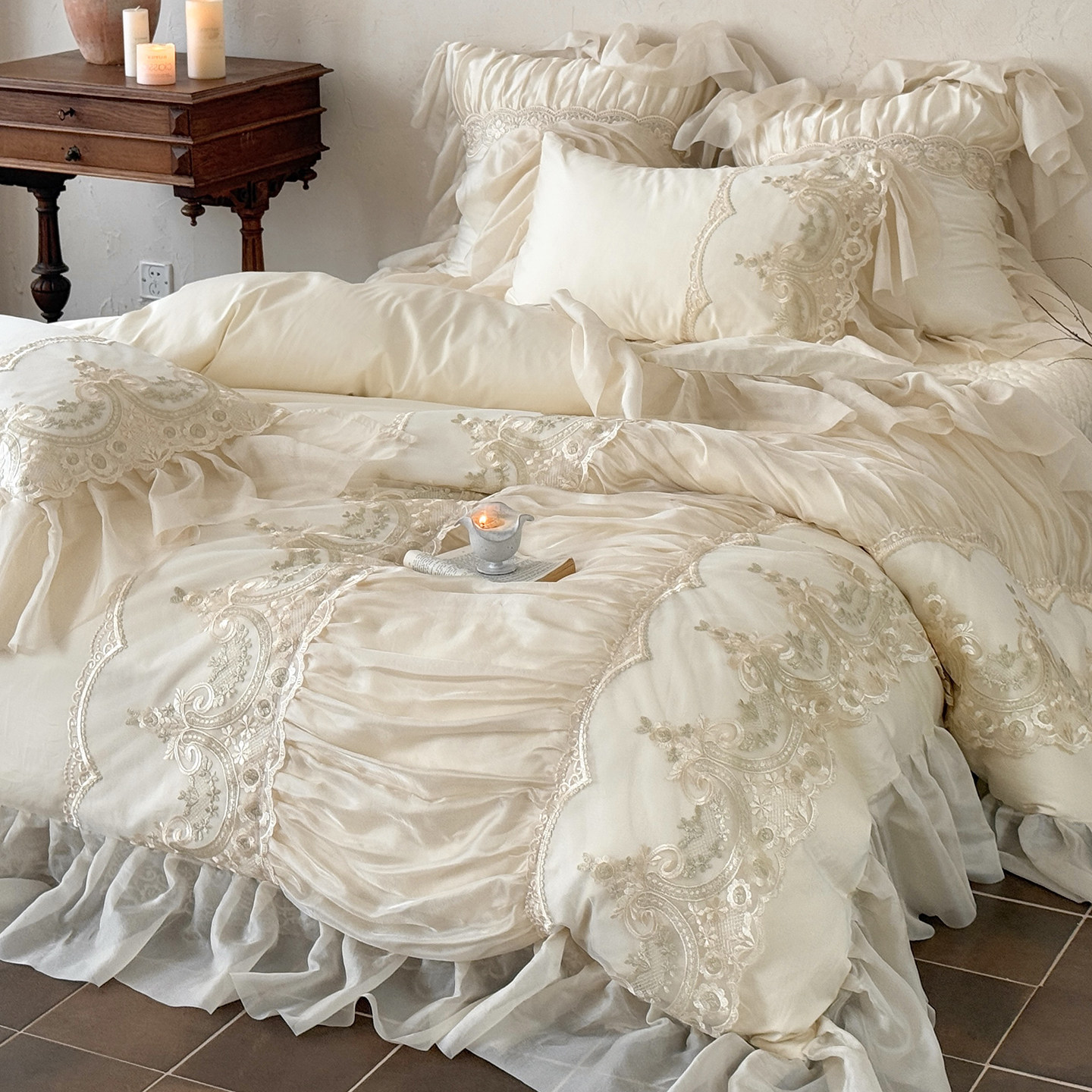 法式宫廷全棉长绒棉四件套纯棉进口蕾丝雪纺纱花边被套床盖仙床品