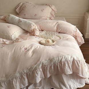 法式 少女小清新全棉双层纱刺绣四件套柔软纱布蕾丝边被套仙女床裙