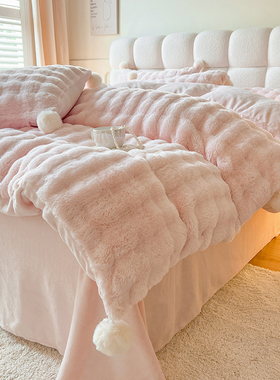 ins粉色兔兔绒四件套公主风双面绒被套珊瑚绒少女牛奶绒床单冬季4