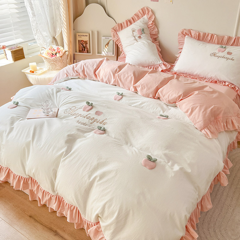 ins网红粉色全棉水洗棉床上四件套纯棉100公主风少女心春夏床裙款