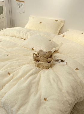 冬季泰迪绒珊瑚绒床上四件套公主风白色加厚双面绒被套加绒床单款