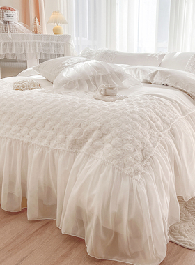 ins北欧仙女白色公主风全棉床上四件套纯棉100蕾丝被套轻奢床裙款