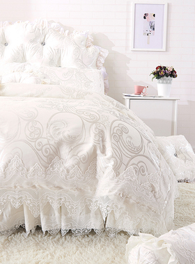 法式奢华蕾丝全棉公主风四件套纯棉100高档白色贡缎提花床上用品4