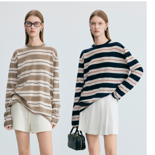 水洗全羊毛进口扬子纱M1U风圆领条纹针织毛衣宽松慵懒套头羊毛衫