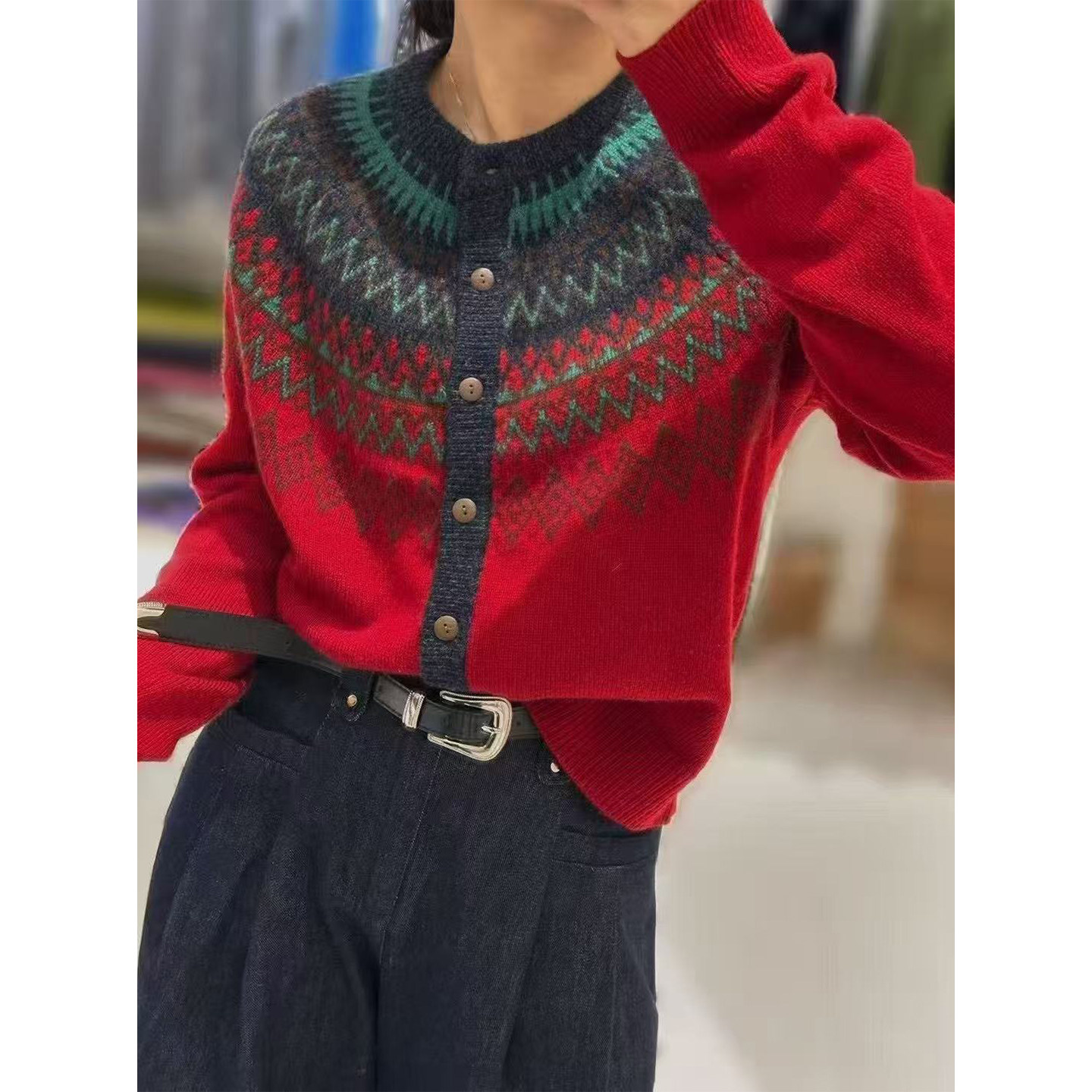 本命年红色费尔岛提花慵懒风高级感毛衣纯羊毛针织开衫外套女秋冬