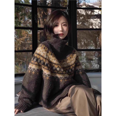 法式复古高领费尔岛提花毛衣加厚