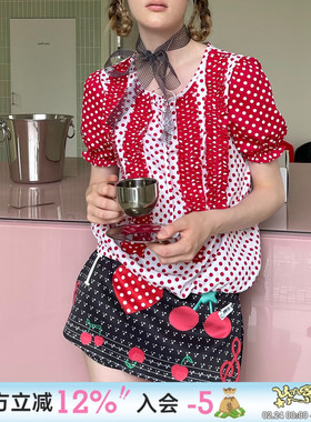 UnsocialNight夏季独家原创设计小众樱桃音符印花短裙裤女