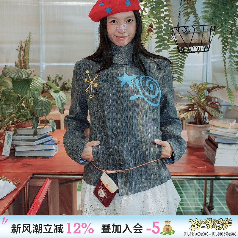 原创毛呢夹克可拆卸蕾丝花边外套