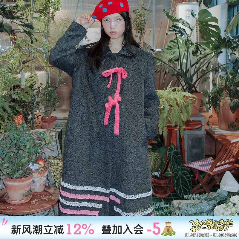 蝴蝶结撞色大衣毛呢外套
