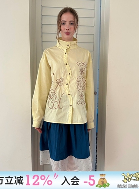 UnsocialNight2025原创小众刺绣宽松型内搭休闲浅黄色长袖衬衫女