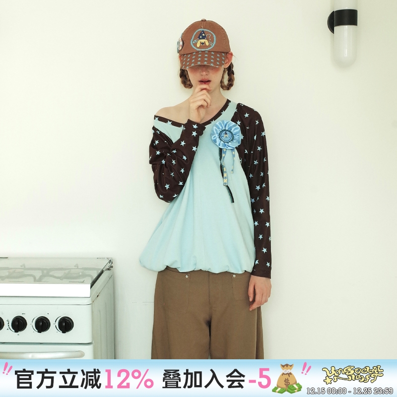 UnsocialNight2025秋季新品星星印花圆领长袖T恤薄款卫衣女上衣