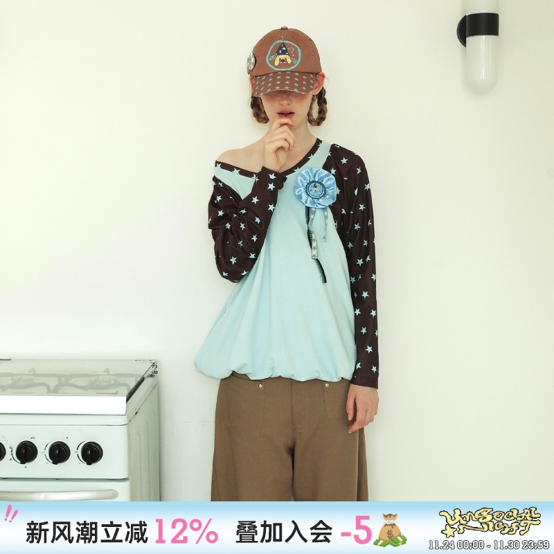 星星印花上衣T恤长袖圆领